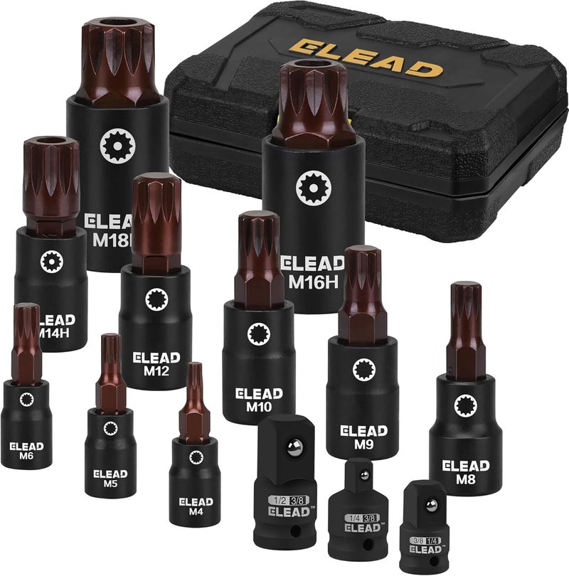 ELEAD 13-Piece XZN Triple Square Spline Bit Impact Socket Set - Premium S2 Steel European Style M4 - M18 with Socket Adapters, 1/4”, 3/8” and 1/2” Drive | Professional Mechanic Garage Tools - Image 1